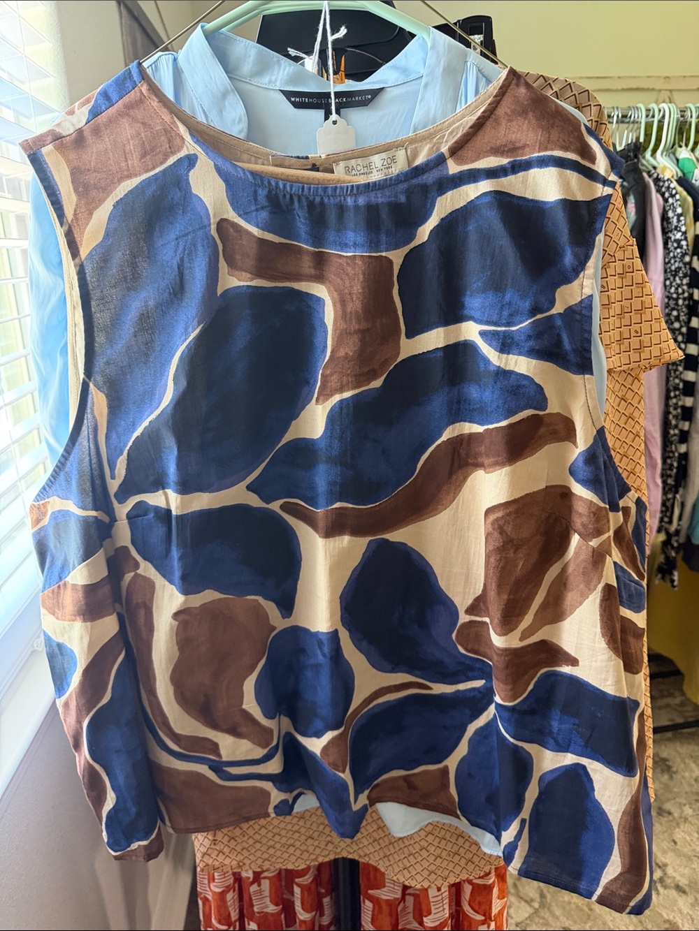 Rachel Zoe Blue and Brown Abstract Silk-Feel Sleeveless Top